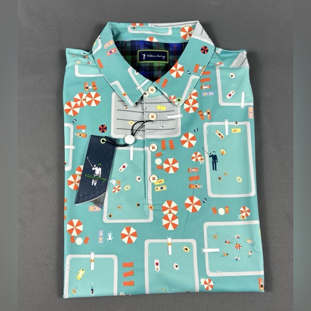 William Murray Golf Shirt Polo Fish Outta Water Print Large Blue Polyester